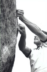 Peter DeSalvo on the Nacho Man climb at Hueco Tanks State Park in Texas.  Photo by Marni Foerster.